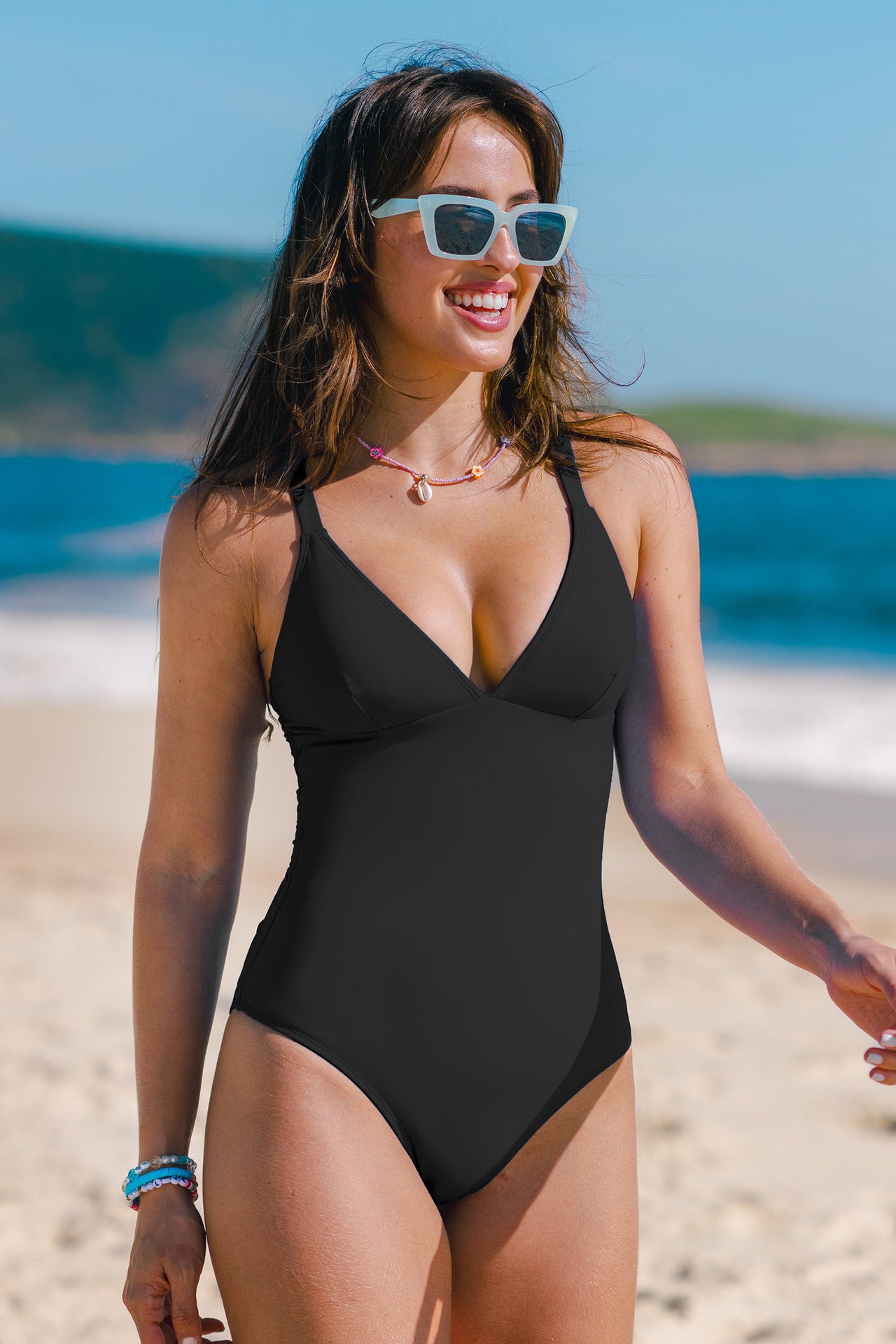 European And American Style New Swimsuit Solid Color And V-neck Slim Fit Figure Flattering Jumpsuit Women