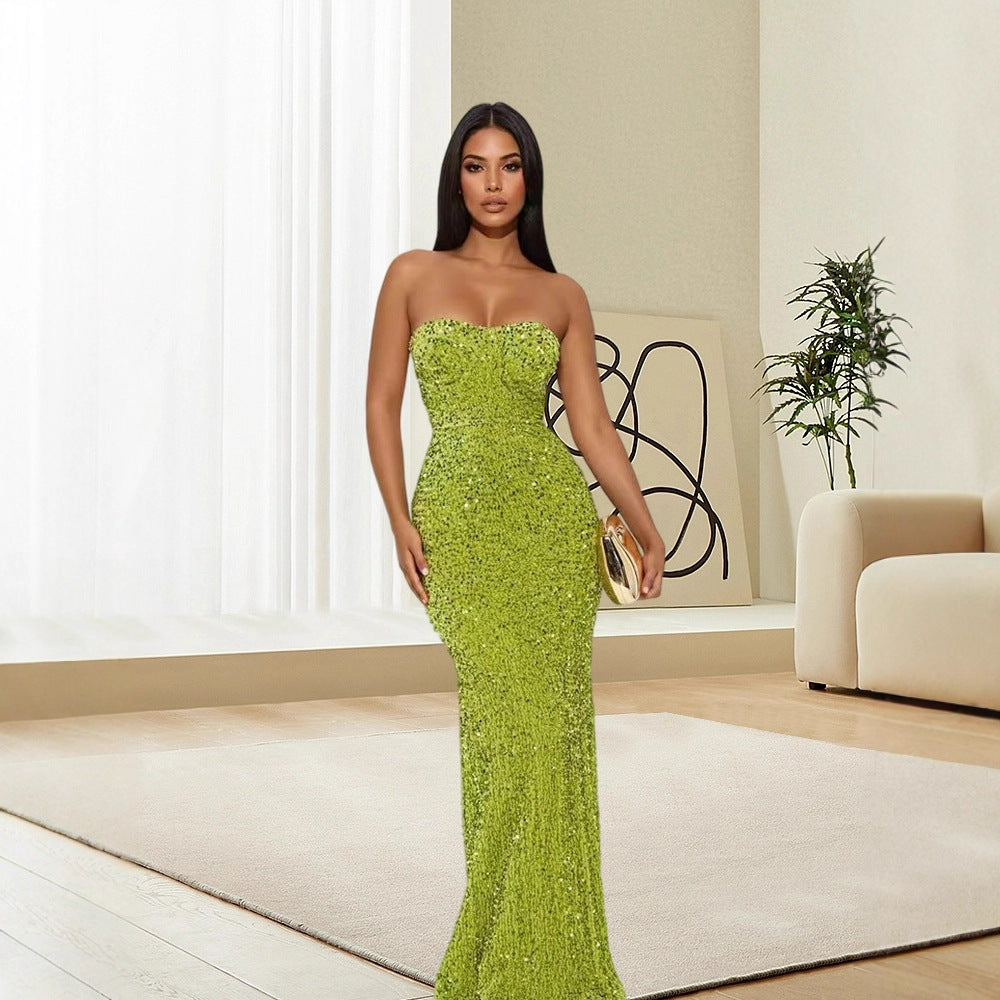 Women's Solid Color Strapless Zipper Velvet Sequin Bodycon Dress