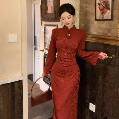 Women's New Chinese-style Jacquard Red Modified Cheongsam Dress