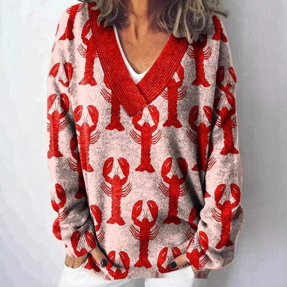 Floral Pattern Printed V-neck Long Sleeve Casual Sweatshirt