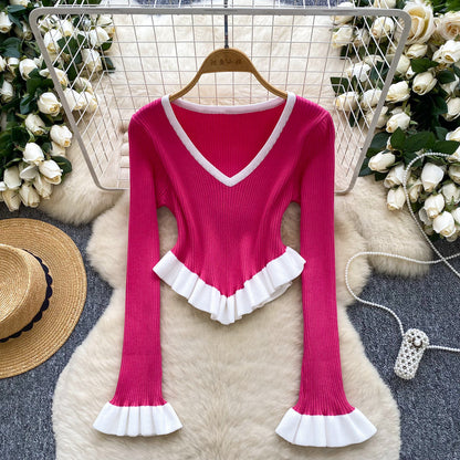 Contrast-color Ruffled Striped Knit Sweater