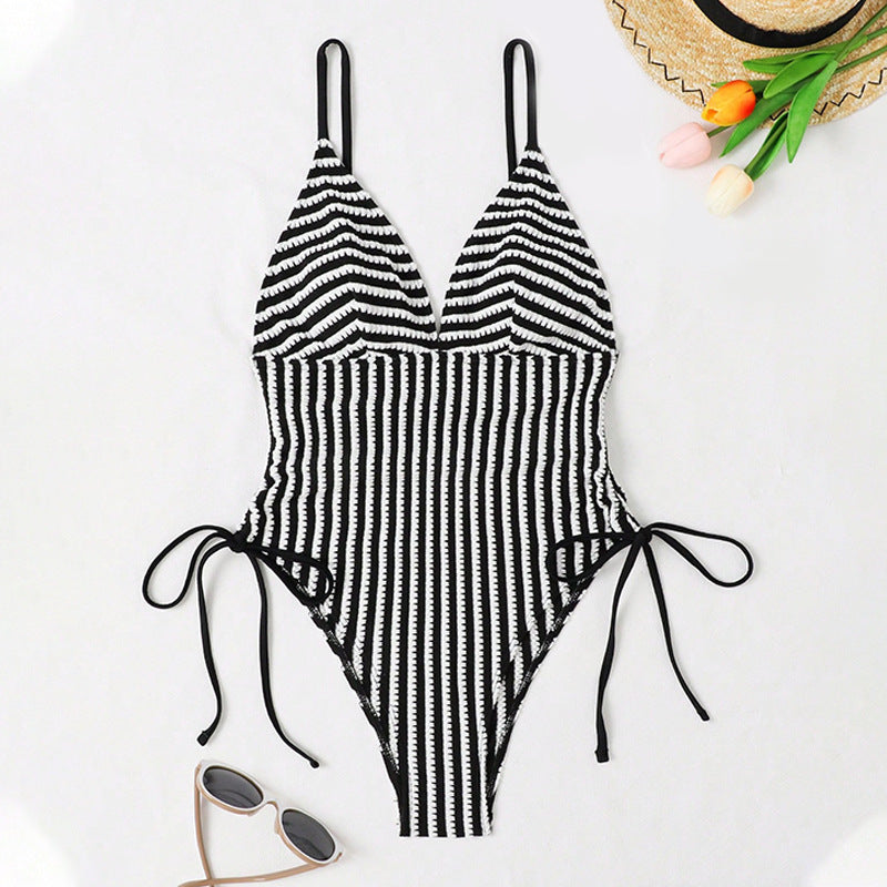 Lace-up Backless Sexy Stripes One-piece Swimsuit