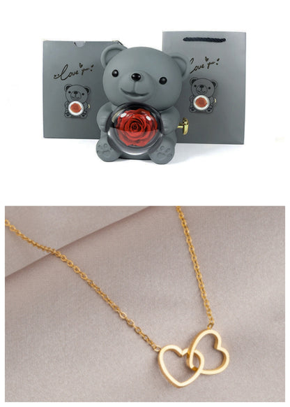 Rotating Bear Gift Box Eternal Rose Teddy Bear Jewelry Box With Necklace Valentine Wedding Special Present For Girlfriend Anniversary Gift Jewelry Box