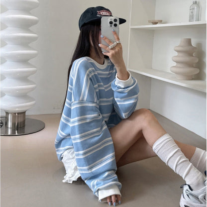 Korean Retro Preppy-Style Striped Long-Sleeve Sweatshirt