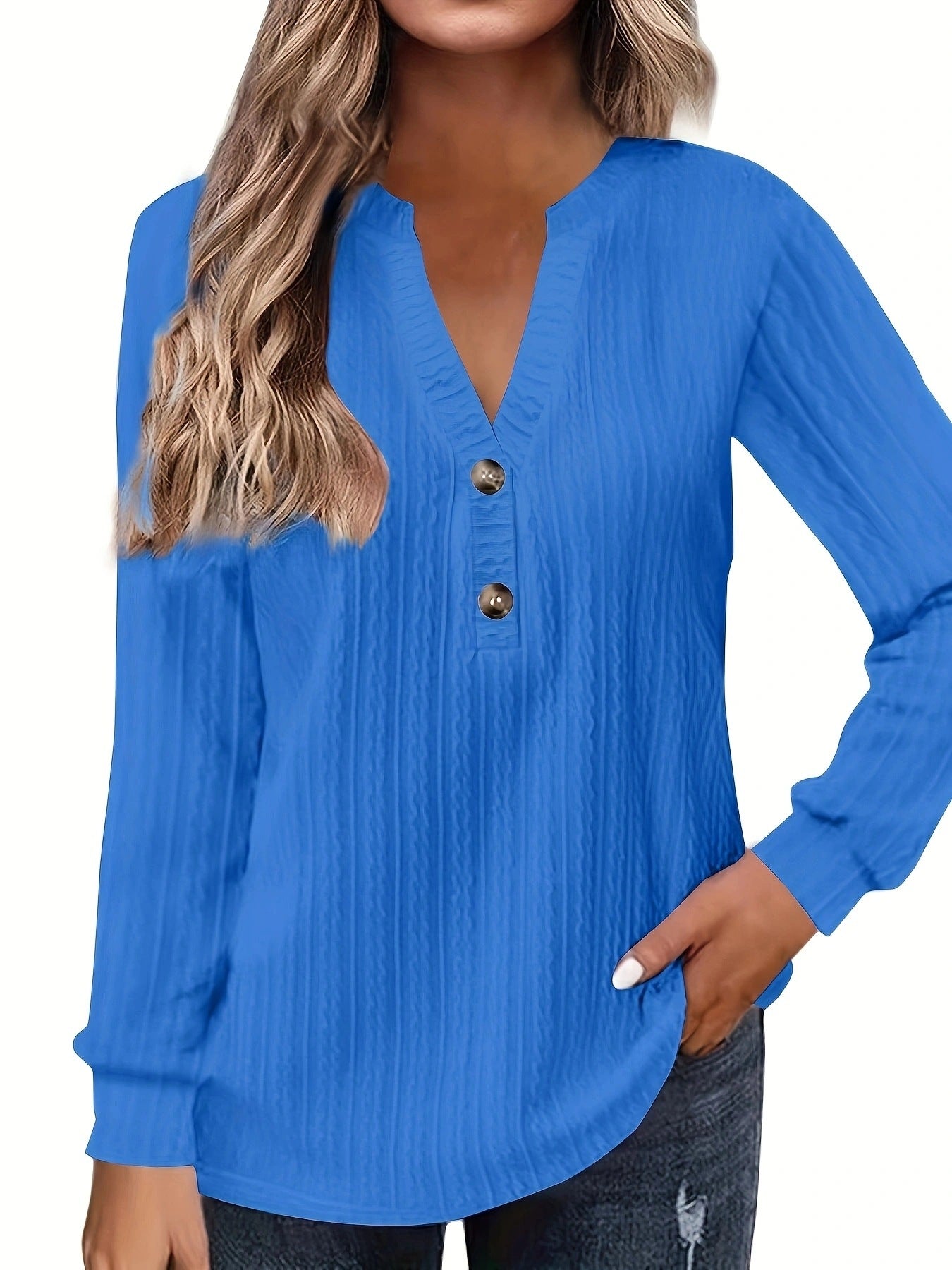 Women's Solid-color Long-sleeve V-neck Button T-shirt Top