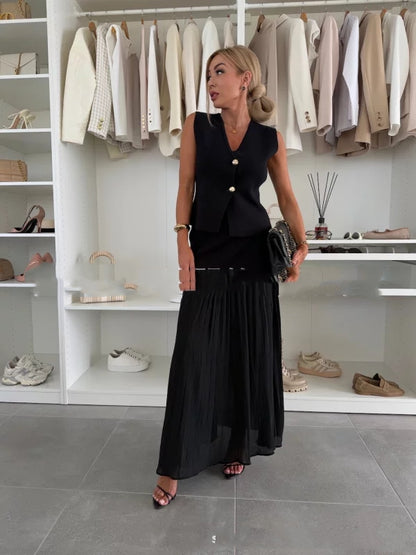 Women's Casual Solid-Colored Skirt And Pleated Long Skirt Set