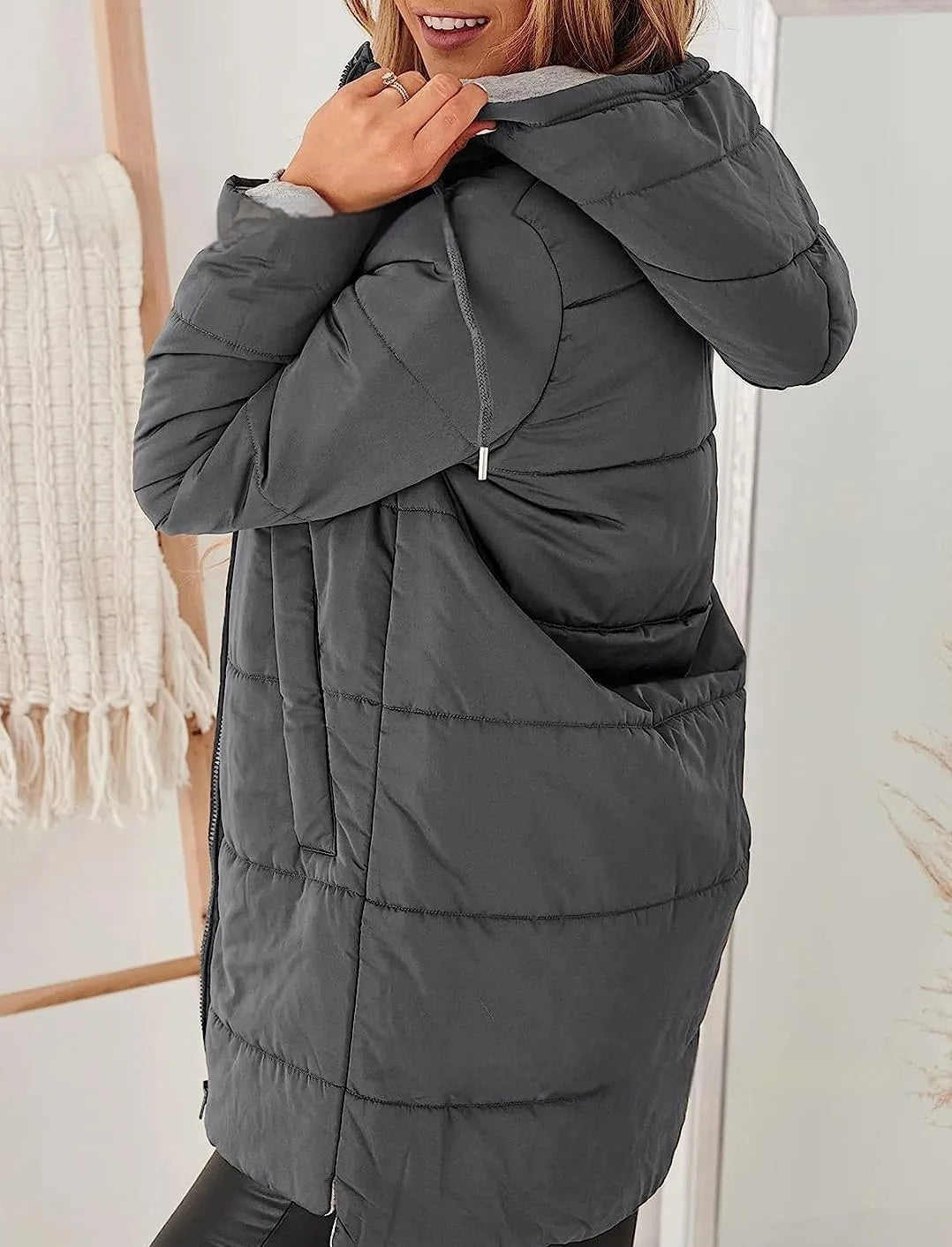 Women's Hooded Solid Color Pocket Long Cotton Jacket Coat