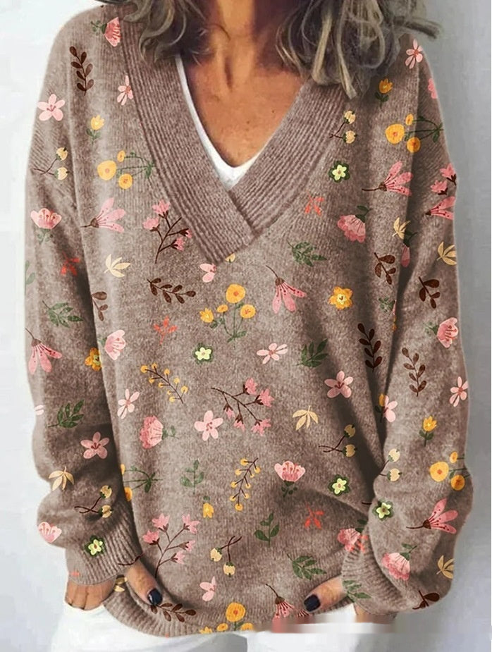 Floral Pattern Printed V-neck Long Sleeve Casual Sweatshirt