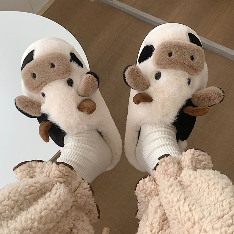 Women's Cartoon Cute Cow House Slippers, Warm Plush Lined Closed Toe Fuzzy Home Slides, Women's Comfy Indoor Shoes