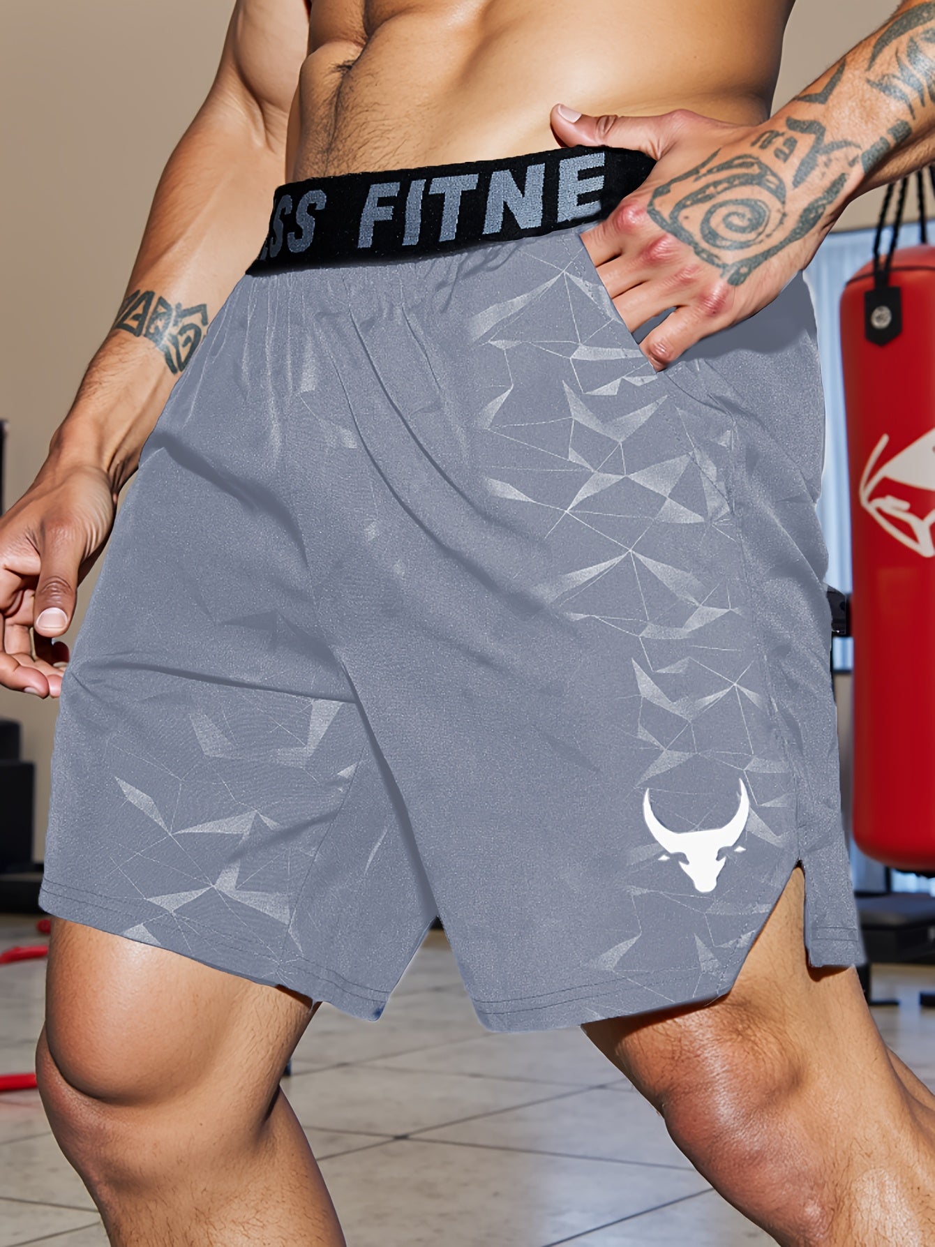Men's "S's FINE" Athletic Shorts - Gray, Quick-Dry Polyester with Geometric Pattern, Elastic Waistband, Ideal for Running & Workouts, Machine Washable