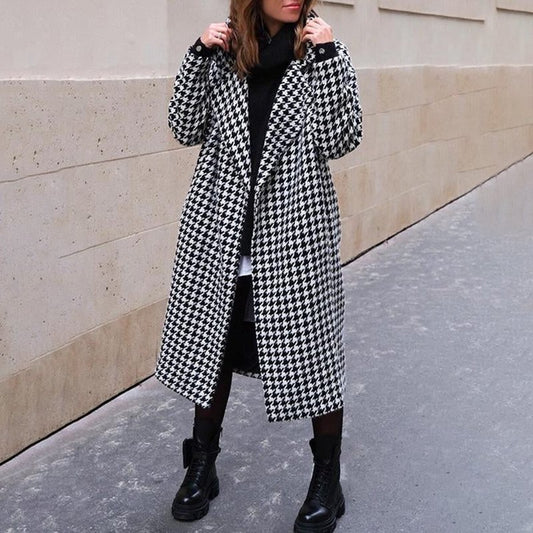 Women's British Style Houndstooth Print Long Coat