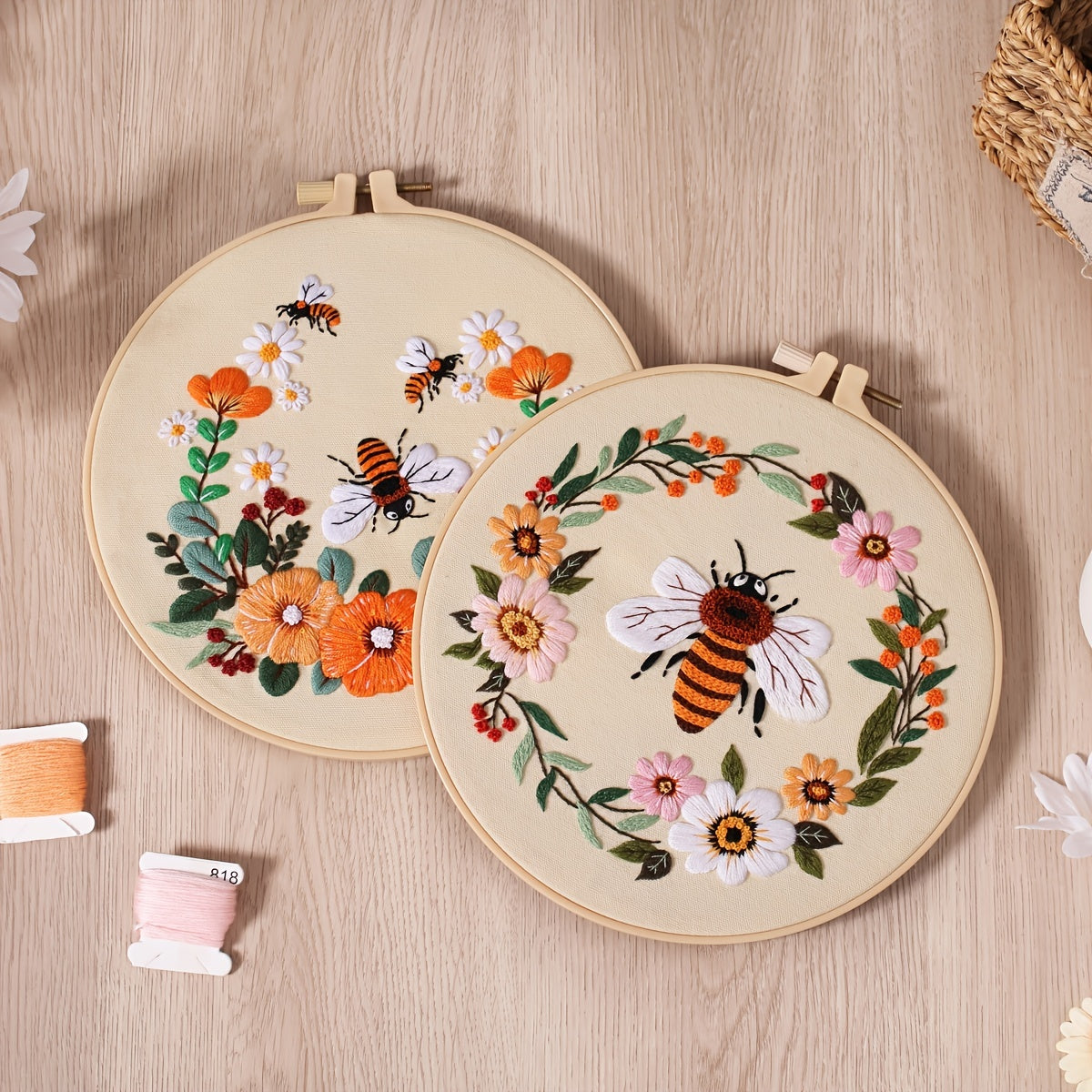 5set Embroidery Kit, Honeybee And Flowers, Include 1 Embroidery Hoop 7.9 Inch