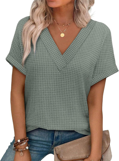 Casual Striped Textured Short-Sleeve Arrival V-Neck Knitted T-Shirt