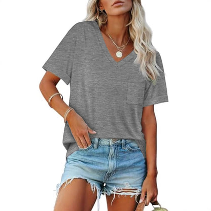 Loose Casual V-neck Pocket Solid Color Short Sleeve T-shirt