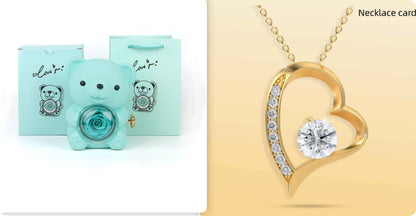 Rotating Bear Gift Box Eternal Rose Teddy Bear Jewelry Box With Necklace Valentine Wedding Special Present For Girlfriend Anniversary Gift Jewelry Box