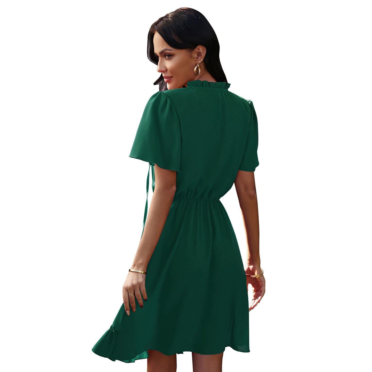 High Neck Neck Waist Ruffle Dress