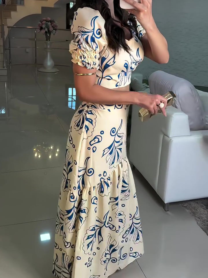 Holiday Print Short Sleeve Top & Elastic Waist Skirt Set