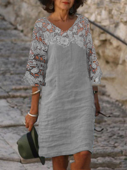 Casual Lace Stitching One-neck Cotton And Linen Dress