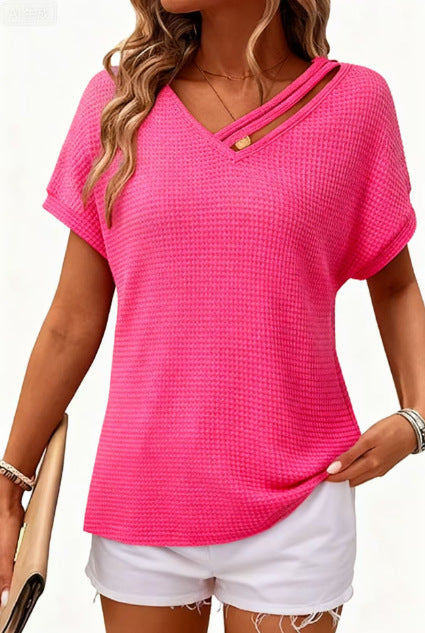 Waffle-knit Short-sleeve V-neck Women's Fashion Casual