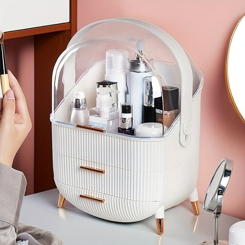 1pc Plastic Cosmetic Storage Box, Lightweight, Tension Mount, Multi-functional with Cover & Drawer, Waterproof & Dust-proof, for Bathroom & Desktop Makeup Organizer