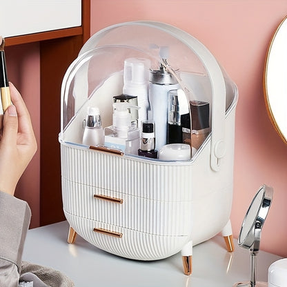 1pc Plastic Cosmetic Storage Box, Lightweight, Tension Mount, Multi-functional with Cover & Drawer, Waterproof & Dust-proof, for Bathroom & Desktop Makeup Organizer