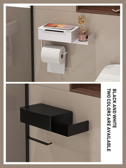 1pc Wrought Iron Bathroom Tissue Holder with Shelf - Self-Adhesive Wall Mounted Toilet Paper Roll Dispenser, Non-Drilling Installation, Multi-Functional Storage for Wet Wipes and Phone, Home Decor