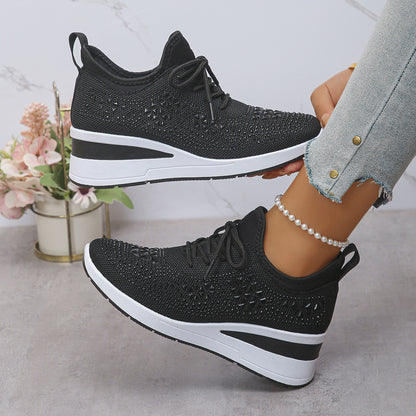 Ins Rhinestone Sneakers Fashion Lace Up Wedges Casual Shoes Women's Daily Commuting Sports Shoes