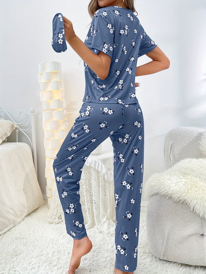 Women's Floral Print Pajama Set - Comfortable Short Sleeve Tee Top and Pants for Sleep and Lounging