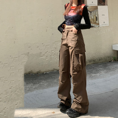 Women's Wide-leg Casual Cargo Pants With Large Pockets And Pleats