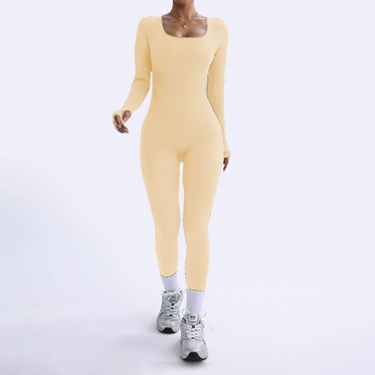 Threaded Square Collar Buttocks Slim Jumpsuit