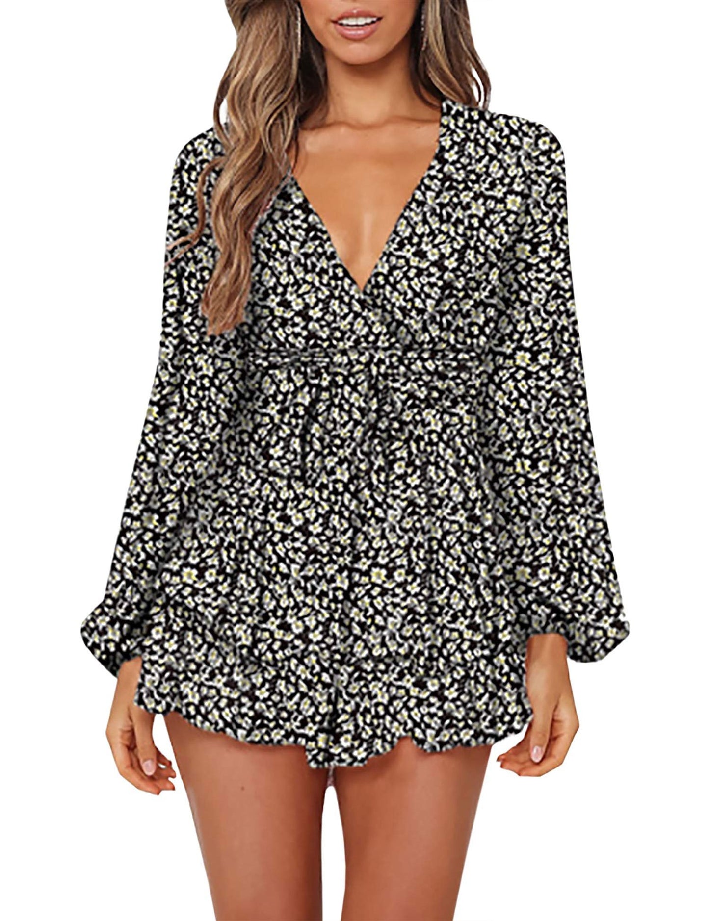 Ladies Polka-dot V-neck Jumpsuits, Long Sleeve Ruffle Hem Romper Playsuit, Casual Every Day Romper, Women's Clothing