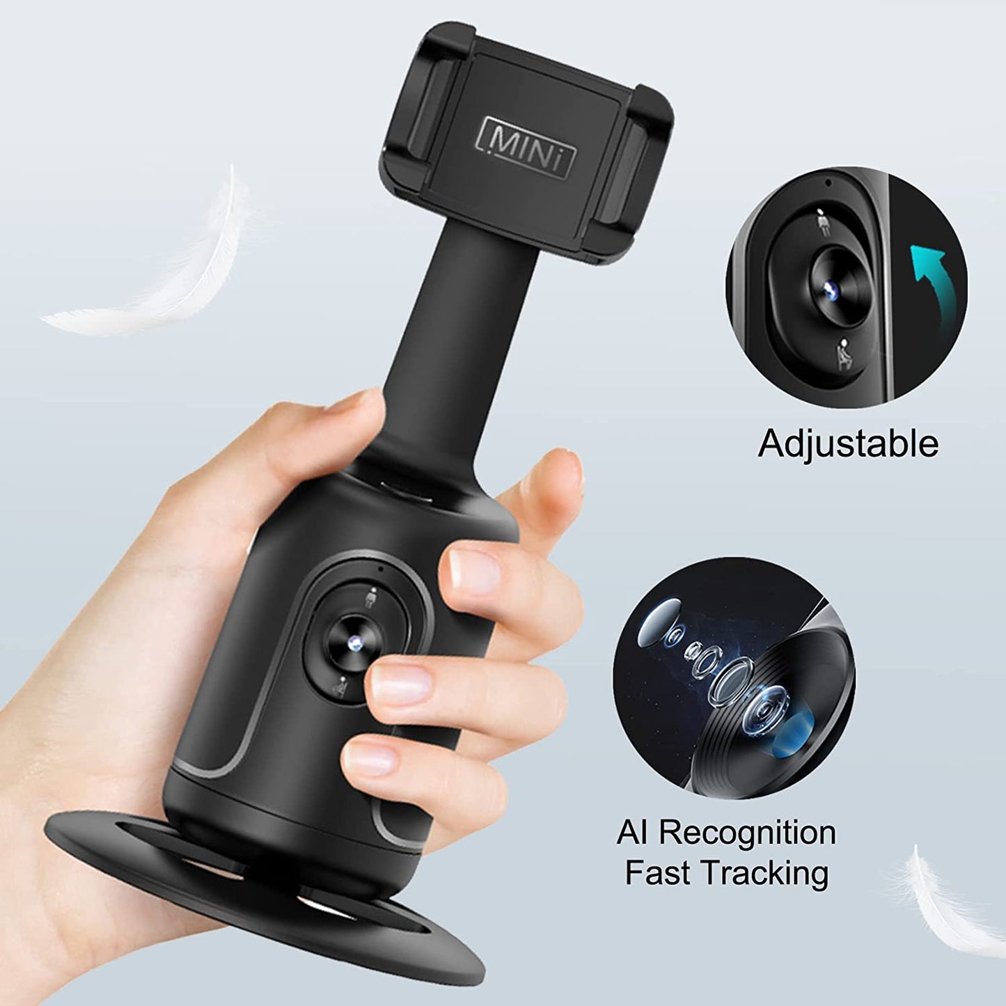 360° Auto-Tracking Smartphone Tripod - Hands-Free Face & Body Recognition - Wireless Rechargeable Holder for Live Streaming, Vlogging & Video Recording - Black