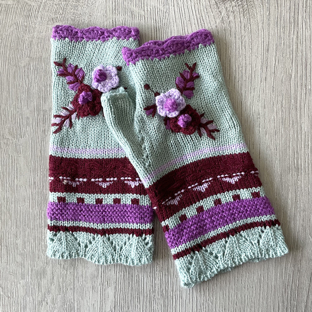 Handmade Crochet Fingerless Gloves - Vintage Embroidered Arm Warmers for Women