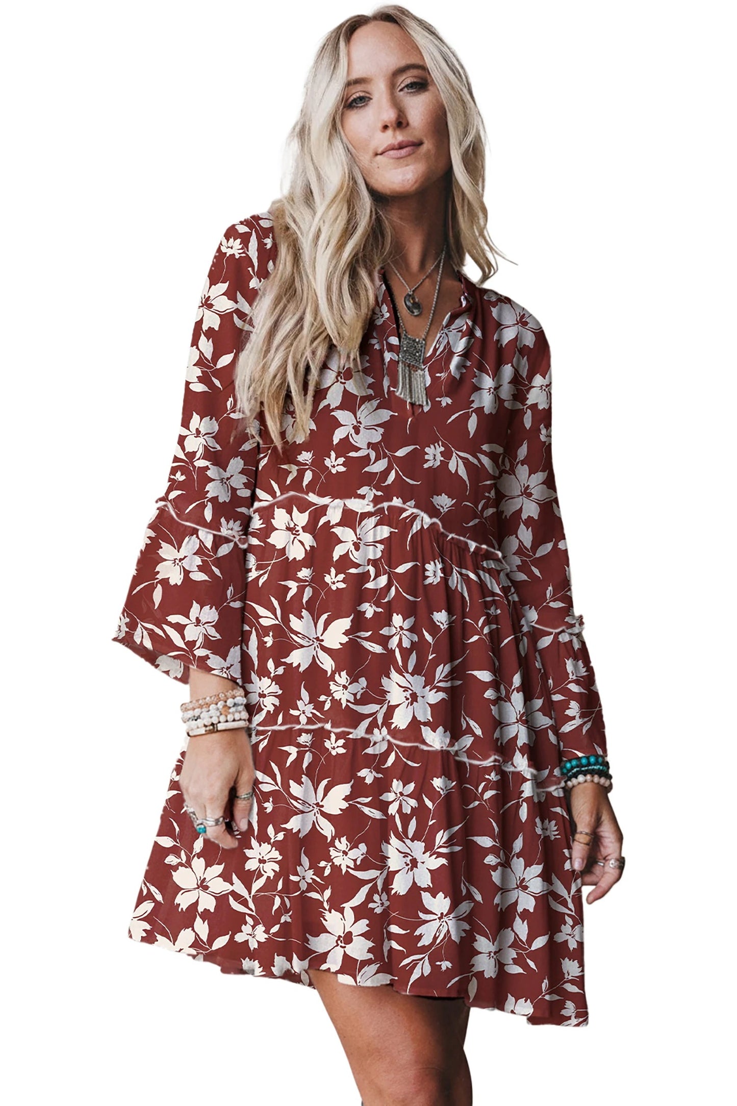 Women's V-neck Printed Ruffle Pleated Elegant Dress