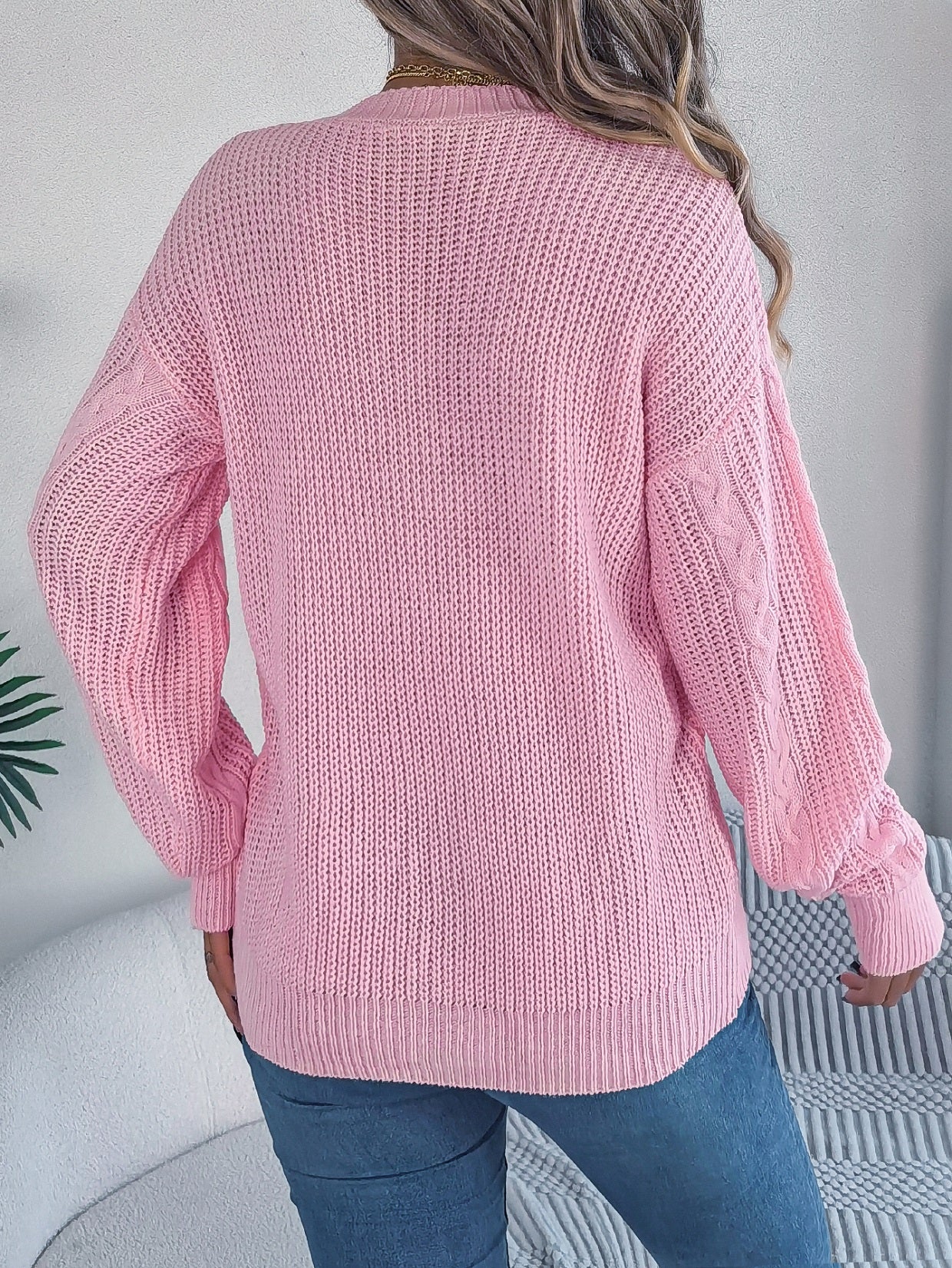 Women Casual V-Neck Lantern Sleeve Cable Knit Button Cardigan Sweater