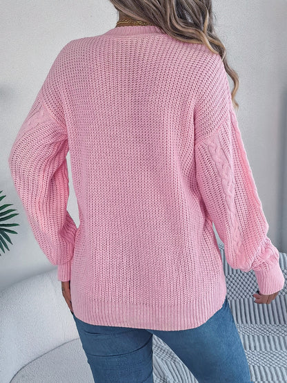 Women Casual V-Neck Lantern Sleeve Cable Knit Button Cardigan Sweater