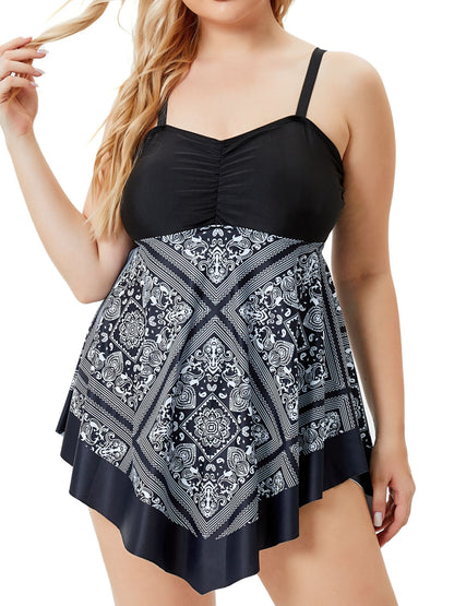 Plus Size Tribal Print One-Piece Swimsuit - Off Shoulder Bandeau Swimwear for Women