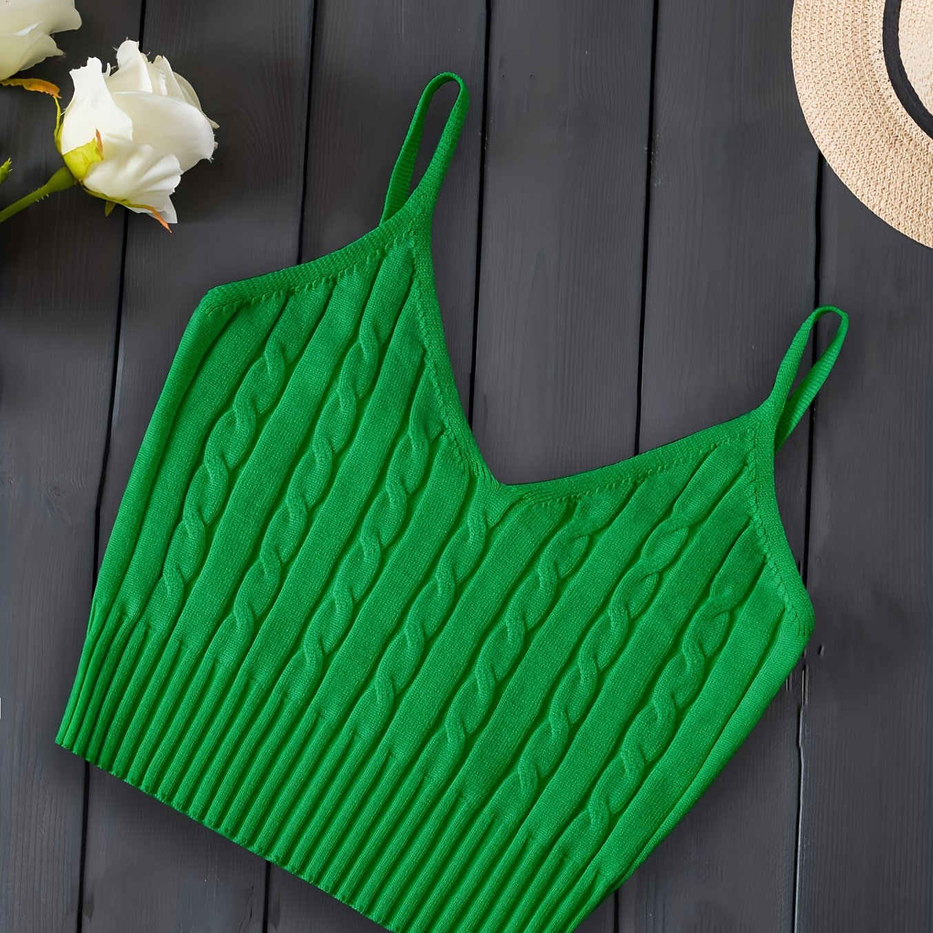 Valentine's Day Knitted Cami Crop Top, Versatile Sleeveless Casual Top For Spring & Summer, Women's Clothing