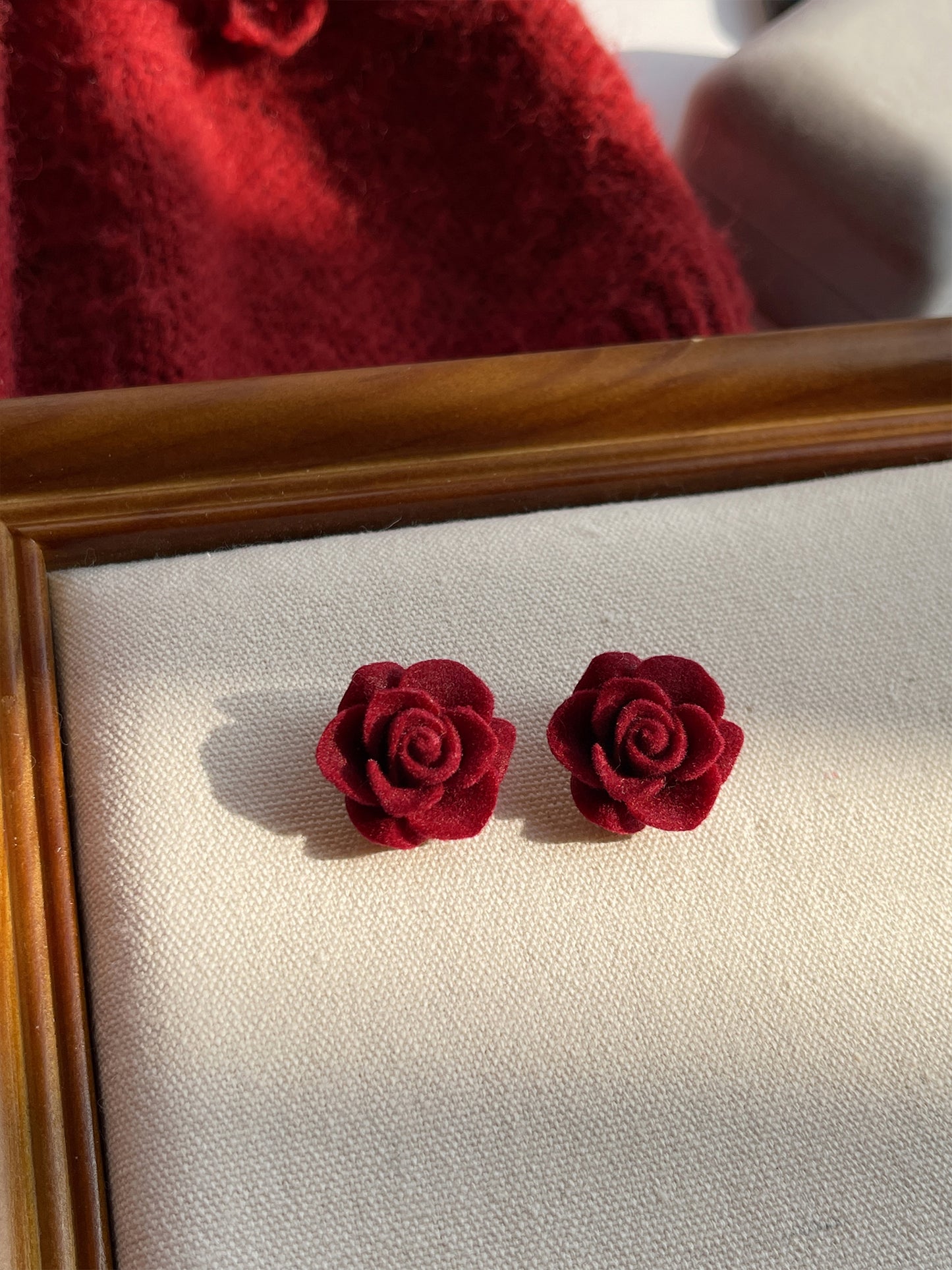 Red Rose Flower Velvet Stud Earrings High-end Retro Ear Decoration Jewelry For Women