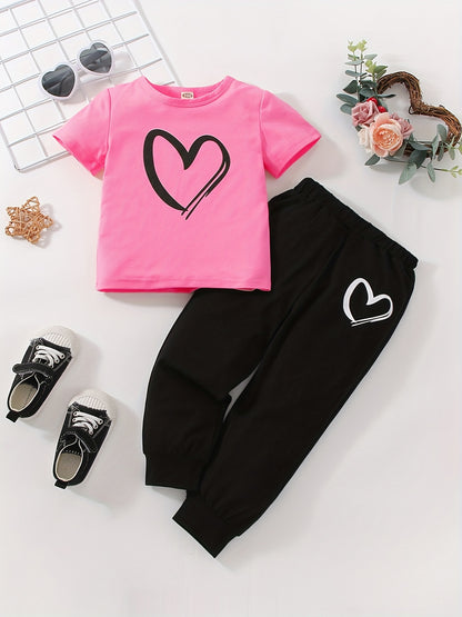 Girls' Fashion Set: Heart Print Round Neck Short Sleeve T-Shirt & Sweatpants 2pcs Casual Cotton Outfit, Perfect for Outdoor