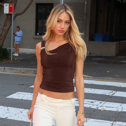 New Arrival Solid-Color Irregular Metal-Button Vest Top For Women