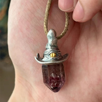 Retro Natural Amethyst Hexagonal Witch Hat Pendant Necklace