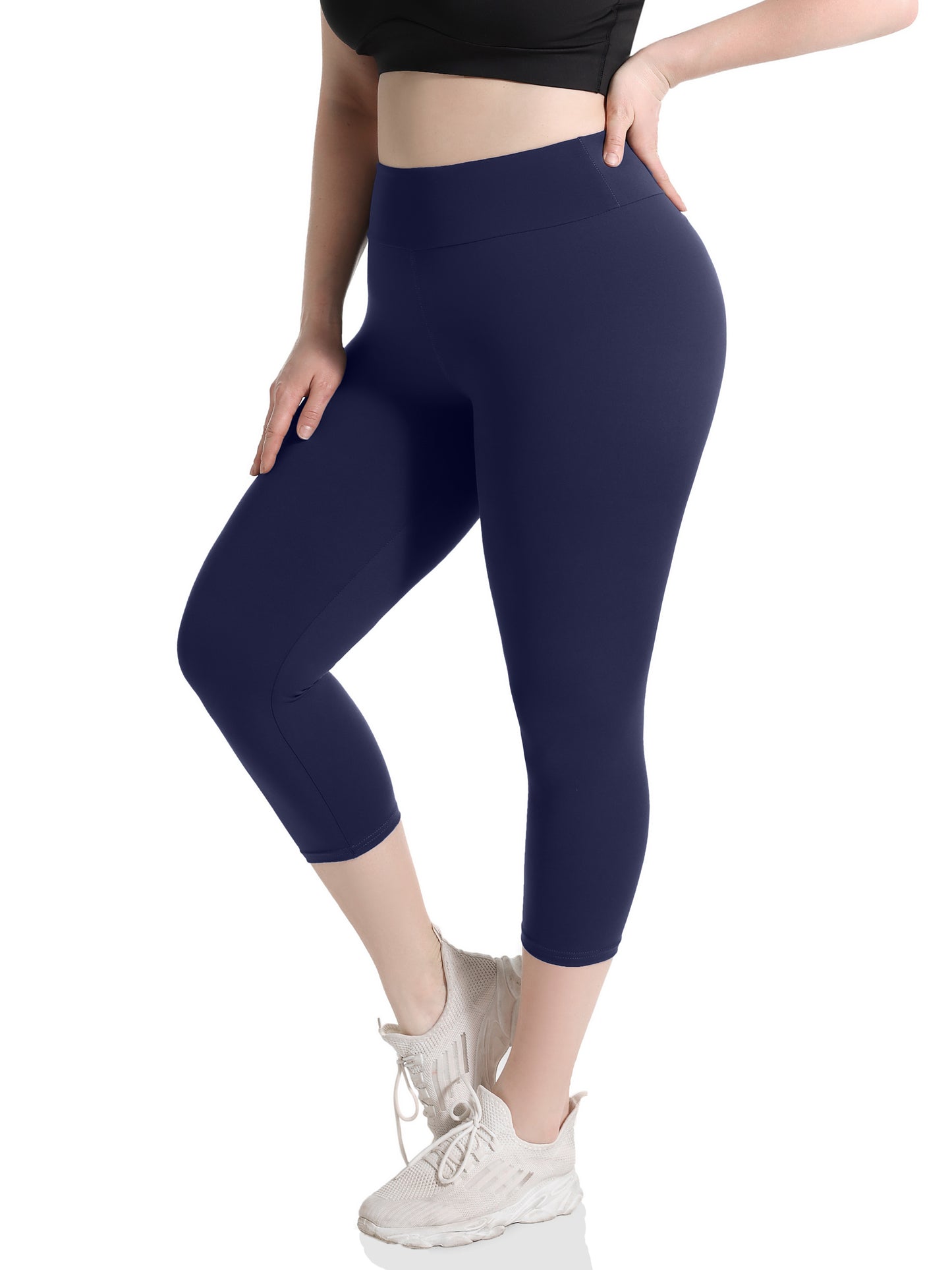 Women'S Plus Size Capri Leggings, High Waist Tummy Control, 4X Stretch, Pocket Detail, Solid Black, Knit Fabric, Polyester 92%, Spandex 8%, 210g/m², All Season Skinny Yoga Pants