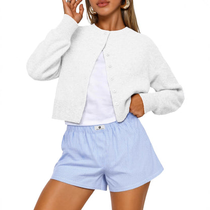 Buttoned Long-sleeve Crew-neck Solid-color Cropped Knit Sweater