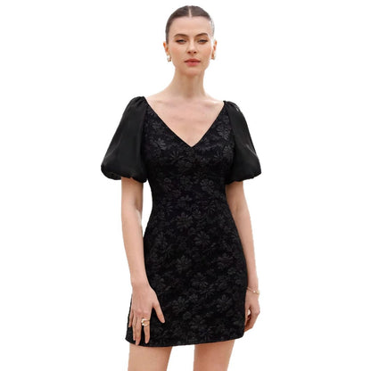 Retro Waist-Cinching Lace-Up Patchwork Pleated-Sleeve Dress