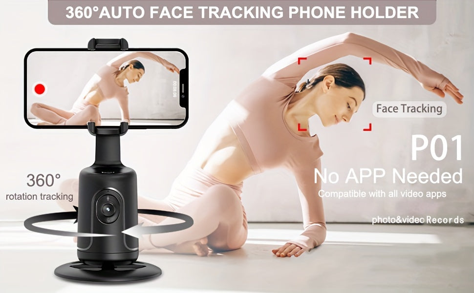 360° Auto-Tracking Smartphone Tripod - Hands-Free Face & Body Recognition - Wireless Rechargeable Holder for Live Streaming, Vlogging & Video Recording - Black