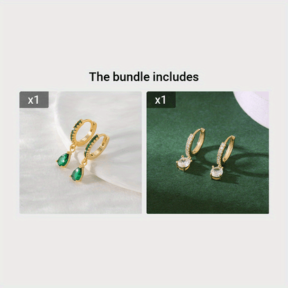 1 Pair of Copper Inlaid Green Water Droplet Pendant Earrings, Retro and Elegant Synthetic Zircon Women's Earrings