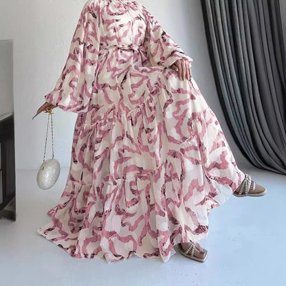 Chiffon Printed Maxi Dress With Beltstylish And Elegant