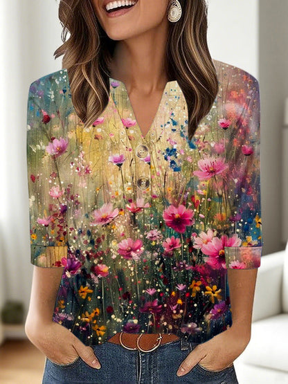 Casual Printed V-neck Top T-shirt Women's Clothing