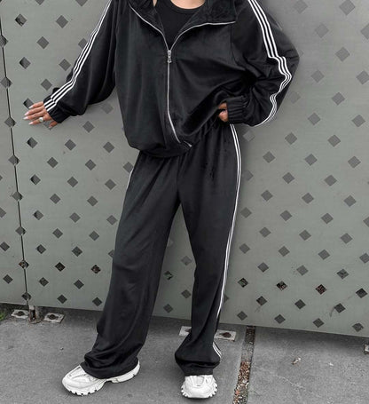 Women's Casual Hooded Jacket Loose Color-block Striped Pants Two-piece Set